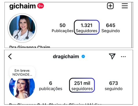 Print do Instagram da Dra. Giovanna Chaim mostrando o crescimento de 1.321 para 251 mil seguidores
